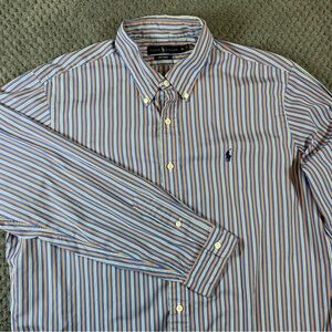 Ralph Lauren 120’s Poplin Mens Dress Shirt Size XL Blue Striped Button Up Preppy